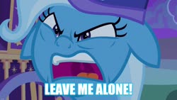 Size: 1280x720 | Tagged: safe, edit, edited screencap, screencap, trixie, pony, g4, to where and back again, caption, female, floppy ears, hat, image macro, leave me alone, meme, nightcap, solo, text, trixie yells at everything, trixie's nightcap, trixie's wagon