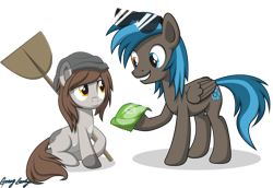 Size: 2950x2033 | Tagged: safe, artist:le-23, oc, oc only, oc:going lucky, earth pony, pegasus, pony, bag, female, heterochromia, high res, male, mare, shovel, simple background, stallion, sunglasses, transparent background