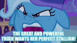 Size: 1280x720 | Tagged: safe, edit, edited screencap, screencap, trixie, pony, g4, to where and back again, caption, female, floppy ears, hat, image macro, meme, nightcap, solo, text, trixie yells at everything, trixie's nightcap, trixie's wagon