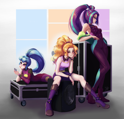 Size: 1047x1000 | Tagged: safe, artist:the-park, adagio dazzle, aria blaze, sonata dusk, human, equestria girls, equestria girls series, sunset's backstage pass!, spoiler:eqg series (season 2), armpits, bodysuit, cellphone, clothes, featured image, female, human coloration, humanized, phone, pigtails, ponytail, sexy, simple background, smartphone, smiling, the dazzlings, trio, twintails