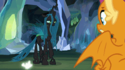 Size: 800x450 | Tagged: safe, screencap, ocellus, queen chrysalis, smolder, changeling, changeling queen, dragon, g4, what lies beneath, animated, cave, disguise, disguised changeling, dragoness, duo, fail, female, loop, magic, perfect loop, queen chrysellus