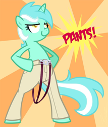 Size: 680x796 | Tagged: safe, artist:egophiliac, edit, lyra heartstrings, pony, unicorn, g4, artifact, bipedal, clothes, colored pupils, derp, exclamation point, female, glare, hand on hip, i like pants, lidded eyes, lyra doing lyra things, mare, pants, partial nudity, smiling, smirk, smug, solo, sunburst background, suspenders, text, topless, wat