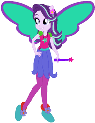 Size: 462x600 | Tagged: safe, artist:nsmah, artist:user15432, starlight glimmer, fairy, human, equestria girls, g4, artificial wings, augmented, base used, clothes, crossover, element of justice, fairy tale, fairy wings, fairyized, flower, flower in hair, good fairy, hand on hip, jewelry, magic, magic wand, magic wings, necklace, ponied up, purple wings, shoes, sleeping beauty, solo, wand, wings