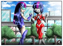 Size: 1600x1163 | Tagged: safe, artist:rik23, twilight sparkle, human, g4, anime, duality, humanized, magic gaia, self paradox, superhero, twolight, ultragirl, ultraman