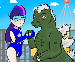 Size: 608x508 | Tagged: safe, artist:littlemisskate, twilight sparkle, human, kaiju, g4, eyes closed, godzilla, godzilla (series), handshake, humanized, magic gaia, smiling, superhero