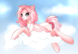 Size: 1456x1012 | Tagged: safe, artist:imbrina, oc, oc only, oc:morning radiance, pegasus, pony, bell, bell collar, cloud, collar, looking at you, lying down, sky, smiling, solo