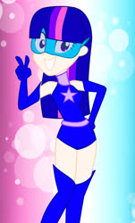 Size: 1280x2120 | Tagged: safe, artist:thelifedragonslayer, twilight sparkle, human, equestria girls, g4, boots, grin, human coloration, magic gaia, peace sign, shoes, smiling, superhero, thigh boots