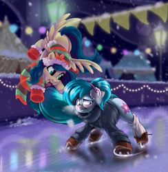 Size: 1609x1647 | Tagged: safe, artist:ariamidnighters, artist:rexyseven, oc, oc only, oc:lily waterdrop, oc:whispy slippers, earth pony, pegasus, pony, clothes, collaboration, duo, female, glasses, ice skating, mare, scarf, socks, sweater