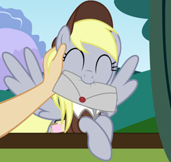 Size: 1968x1861 | Tagged: safe, artist:badumsquish, derpibooru exclusive, derpy hooves, human, pegasus, pony, badumsquish is trying to murder us, bag, clothes, curtains, cute, daaaaaaaaaaaw, delivery, derpabetes, derpy day, derpy day 2020, duo, ear scratch, envelope, equestria's best mailmare, eyes closed, female, hand, happy, hat, human on pony petting, mail, mailmare, mailmare hat, mailmare uniform, mare, mouth hold, offscreen character, petting, pov, saddle bag, shirt, smiling, spread wings, window, wings