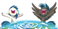 Size: 3000x1484 | Tagged: safe, artist:le-23, dj pon-3, vinyl scratch, oc, oc:going lucky, pegasus, pony, g4, cloud, macro, male, pony bigger than a planet, simple background, stallion, transparent background