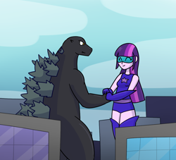 Size: 1100x1000 | Tagged: safe, artist:zyza0123, twilight sparkle, human, kaiju, g4, boots, godzilla, godzilla (series), humanized, magic gaia, shoes, superhero, thigh boots