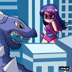 Size: 1000x1000 | Tagged: safe, artist:macodrawings, twilight sparkle, human, kaiju, g4, building, city, female, fight, giantess, humanized, macro, magic gaia, plasma girl, superhero