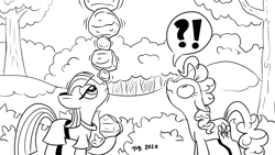 Size: 1200x675 | Tagged: safe, artist:pony-berserker, maud pie, pinkie pie, earth pony, pony, pony-berserker's twitter sketches, g4, balancing, black and white, duo, exclamation point, female, grayscale, i can't believe it's not idw, interrobang, mare, monochrome, ponies balancing stuff on their nose, question mark, rock, siblings, signature, simple background, sisters, sketch, tree, white background
