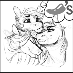 Size: 744x752 | Tagged: safe, artist:silentwulv, oc, oc only, pony, chili's, grayscale, monochrome, sketch, tongue out, trio