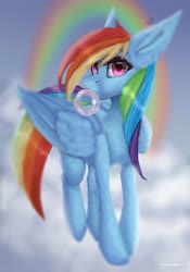 Size: 1280x1828 | Tagged: safe, artist:constanta-bucharei, rainbow dash, pegasus, pony, g4, big ears, bubblegum, cloud, female, folded wings, food, gum, looking at you, mare, on a cloud, rainbow, solo, wings