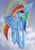 Size: 1280x1828 | Tagged: safe, artist:constanta-bucharei, rainbow dash, pegasus, pony, g4, big ears, bubblegum, cloud, female, folded wings, food, gum, looking at you, mare, on a cloud, rainbow, solo, wings