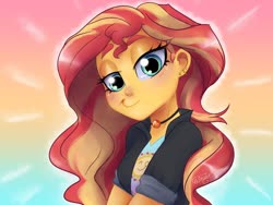 Size: 1280x960 | Tagged: safe, artist:wimsie, sunset shimmer, equestria girls, g4, bust, clothes, cute, ear piercing, female, geode of empathy, jacket, looking at you, magical geodes, piercing, portrait, redraw, shimmerbetes, smiling, solo