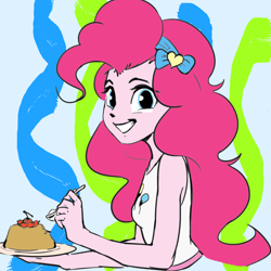 Size: 2000x2000 | Tagged: safe, artist:luciferamon, color edit, edit, pinkie pie, equestria girls, g4, my little pony equestria girls: better together, colored, flan, food, happy, high res, pudding, sketch, smiling, solo