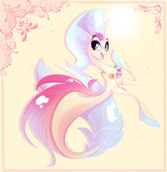 Size: 1998x2064 | Tagged: safe, artist:marbola, princess skystar, seapony (g4), g4, bioluminescent, blue eyes, curvy, cute, female, fins, fish tail, flower, flower in hair, freckles, open mouth, seashell necklace, signature, simple background, skyabetes, smiling, solo