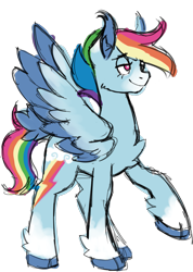 Size: 1093x1532 | Tagged: safe, artist:trinoids, rainbow dash, pegasus, pony, g4, chest fluff, cloven hooves, coat markings, colored hooves, colored wings, ear fluff, female, mare, raised hoof, simple background, smiling, smirk, socks (coat markings), solo, spread wings, transparent background, unshorn fetlocks, wings