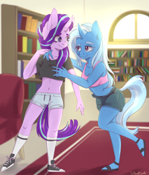 Size: 1700x2000 | Tagged: safe, artist:silbersternenlicht, starlight glimmer, trixie, pony, unicorn, anthro, plantigrade anthro, g4, armpits, belly button, blue fur, book, bra, chair, clothes, denim shorts, duo, duo female, female, gym shorts, happy, indoors, lesbian, library, long socks, midriff, multicolored mane, multicolored tail, pink fur, purple eyes, sandals, shiny fur, ship:startrix, shipping, shoes, short shirt, shorts, smiling, sneakers, socks, sports bra, tomboy, watermark