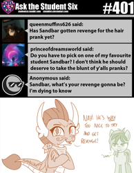 Size: 800x1032 | Tagged: safe, artist:sintakhra, sandbar, smolder, dragon, earth pony, pony, tumblr:studentsix, g4, bandana, face doodle, mouth hold, pencil, this will end in fire