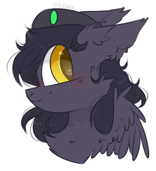 Size: 1391x1528 | Tagged: safe, artist:creamyexxx, edit, oc, oc:mir, pegasus, pony, beret, blushing, bust, chest fluff, ear fluff, female, hat, looking back, portrait, simple background, smiling, sticker, transparent background