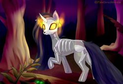 Size: 1581x1080 | Tagged: safe, artist:paintbrushbirdie, oc, oc only, oc:aurora nightfall, pony, unicorn, bone, forest background, glowing eyes, looking back, skeleton, solo, sombra eyes