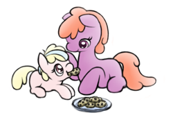 Size: 414x286 | Tagged: source needed, safe, artist:ryxingeir, oc, oc only, oc:puppysmiles, oc:rainy days, pony, fallout equestria, fallout equestria: pink eyes, blank flank, cookie, cute, eating, fanfic art, female, filly, food, mare, missing cutie mark, mother and child, mother and daughter, mouth hold, plate, prone, simple background, two toned mane, weapons-grade cute