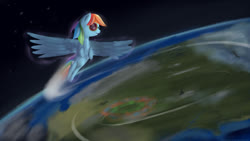 Size: 1280x720 | Tagged: safe, artist:taggerung, rainbow dash, pegasus, pony, g4, female, flying, mare, planet, solo, sonic rainboom, space, spread wings, wings