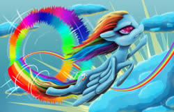 Size: 1000x647 | Tagged: safe, artist:riznof, rainbow dash, pegasus, pony, g4, badass, cloud, epic, female, flying, mare, sky, solo, sonic rainboom, spread wings, wings