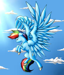 Size: 2262x2652 | Tagged: safe, artist:littlewhispurr, rainbow dash, pegasus, pony, g4, female, flying, high res, hooves, mare, sad, sky, solo, spread wings, sun, sunlight, wings
