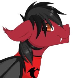 Size: 741x783 | Tagged: safe, artist:melodytheartpony, bat pony, pony, bat wings, bust, clandestine industries, clothes, commission, cute, ear fluff, fall out boy, fangs, floppy ears, folded wings, hoodie, looking at you, male, pete wentz, ponified, profile, simple background, slit pupils, smiling, solo, stallion, striped mane, transparent background, wings, ych result