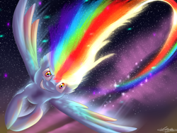 Size: 1024x768 | Tagged: safe, artist:tory-the-fuzzball, pegasus, pony, badass, female, flying, mare, rainbow trail, smiling, solo, space, spread wings, wings