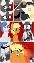 Size: 1060x1980 | Tagged: safe, artist:nootaz, oc, oc only, oc:delta dart, oc:nivatus, oc:rapid rescue, griffon, hippogriff, pegasus, pony, beans, comic, crying, dialogue, duke (dog), eared griffon, food, laughing, meme, movie theatre, talons
