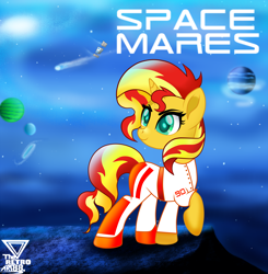 Size: 2500x2551 | Tagged: safe, artist:theretroart88, part of a set, sunset shimmer, pony, unicorn, g4, clothes, fake, female, high res, mare, planet, raised hoof, solo, space, space mares
