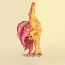 Size: 4000x4000 | Tagged: safe, artist:miokomata, fluttershy, pegasus, pony, g4, backbend, blushing, chest fluff, cute, dock, female, flexible, freckles, freckleshy, handstand, mare, open mouth, shyabetes, signature, simple background, solo, underhoof, upside down, yoga