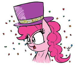 Size: 1412x1244 | Tagged: safe, artist:lucas_gaxiola, pinkie pie, earth pony, pony, g4, bust, confetti, female, hat, mare, open mouth, signature, simple background, solo, top hat, white background