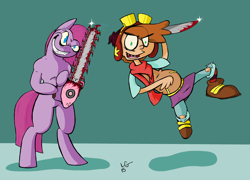 Size: 4000x2872 | Tagged: safe, artist:lucas_gaxiola, pinkie pie, earth pony, human, pony, g4, bipedal, blood, chainsaw, clothes, duo, female, grin, jumping, knife, mare, pinkamena diane pie, signature, smiling, smirk