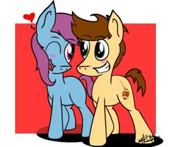 Size: 600x514 | Tagged: artist needed, source needed, safe, oc, abstract background, blushing, female, grin, heart, male, mare, oc x oc, one eye closed, open mouth, shipping, signature, smiling, stallion, wink