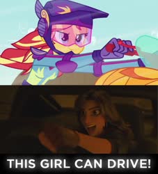 Size: 1000x1100 | Tagged: safe, edit, edited screencap, screencap, sunset shimmer, equestria girls, g4, my little pony equestria girls: friendship games, car, clothes, disney, driving, female, gloves, helmet, meme, motocross outfit, motorcross, motorcycle, ralph breaks the internet, shank (character), smiling, smirk, text, wreck-it ralph