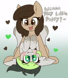 Size: 2611x3000 | Tagged: safe, artist:pegamutt, oc, oc only, oc:bree jetpaw, oc:louvely, dog, dog pony, earth pony, pegasus, pony, blushing, cute, daaaaaaaaaaaw, duo, eyebrows, eyebrows visible through hair, female, flirting, fluffy, gradient background, heart, high res, open mouth, pinned, pinned down, text, wavy mouth
