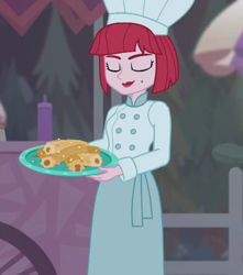 Size: 954x1080 | Tagged: safe, screencap, puffed pastry, equestria girls, equestria girls specials, g4, my little pony equestria girls: better together, my little pony equestria girls: sunset's backstage pass, beauty mark, chef's hat, churros, cropped, eyes closed, female, food, hat, plate, smiling, smirk, solo