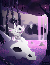 Size: 1505x1933 | Tagged: safe, artist:amberpone, oc, oc only, oc:holka withers, pegasus, pony, art trade, blank flank, chest fluff, digital art, female, looking up, mare, night, paint tool sai, purple, sitting, skull, solo, wings
