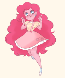 Size: 500x599 | Tagged: safe, artist:chibicmps, pinkie pie, equestria girls, g4, :p, beige background, clothes, converse, cute, cutie mark accessory, cutie mark earrings, diapinkes, dress, earring, female, peace sign, shoes, simple background, solo, tongue out