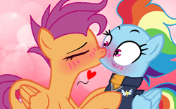 Size: 922x576 | Tagged: safe, rainbow dash, scootaloo, pegasus, pony, g4, the last problem, base used, blushing, duckery in the comments, female, heart, kiss on the lips, kissing, lesbian, mare, older, older rainbow dash, older scootaloo, pseudoincest, ship:scootadash, shipping, surprise kiss, surprised