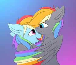 Size: 3500x3000 | Tagged: safe, artist:snowstormbat, rainbow dash, oc, oc:dark rainbow, pegasus, pony, g4, canon x oc, colored wings, commission, darsh, duo, female, gradient background, high res, hug, male, multicolored wings, nuzzling, rainbow wings, scrunchy face, smiling, straight, winghug, wings