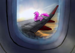 Size: 844x600 | Tagged: safe, artist:greenwintersky, oc, oc only, oc:pink, pegasus, pony, airbus, airbus a320, cinematic, easyjet, flying, lighting, lying down, plane, resting, sky, solo, sun, vehicle interior, wind, window