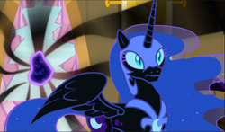 Size: 1598x940 | Tagged: safe, screencap, nightmare moon, tantabus, alicorn, pony, do princesses dream of magic sheep, g4, armor, beautiful, cropped, cutie mark, dream, ethereal mane, ethereal tail, female, frown, helmet, mare, slit pupils, solo, spread wings, wings