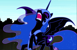 Size: 1440x940 | Tagged: safe, screencap, nightmare moon, pony, do princesses dream of magic sheep, g4, cropped, female, flying, open mouth, screaming, sharp teeth, solo, teeth